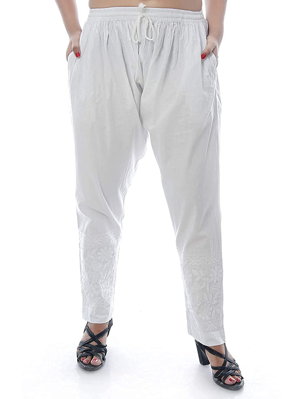 Chikankari Machine-Embroidered Lycra Stretchable Pant With Both Side Pockets/machine pant