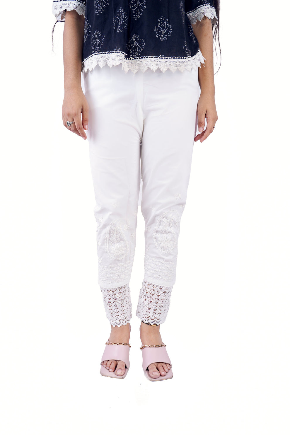 Chikankari Hand-Embroidered Lycra Stretchable Pant With Both Side Pockets