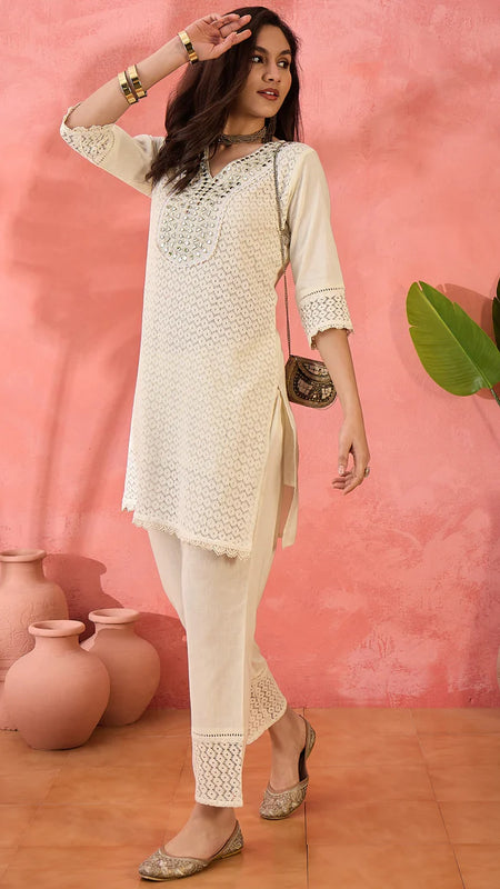 OFF WHITE TRENDING COORD SET WITH MIRROR WORK