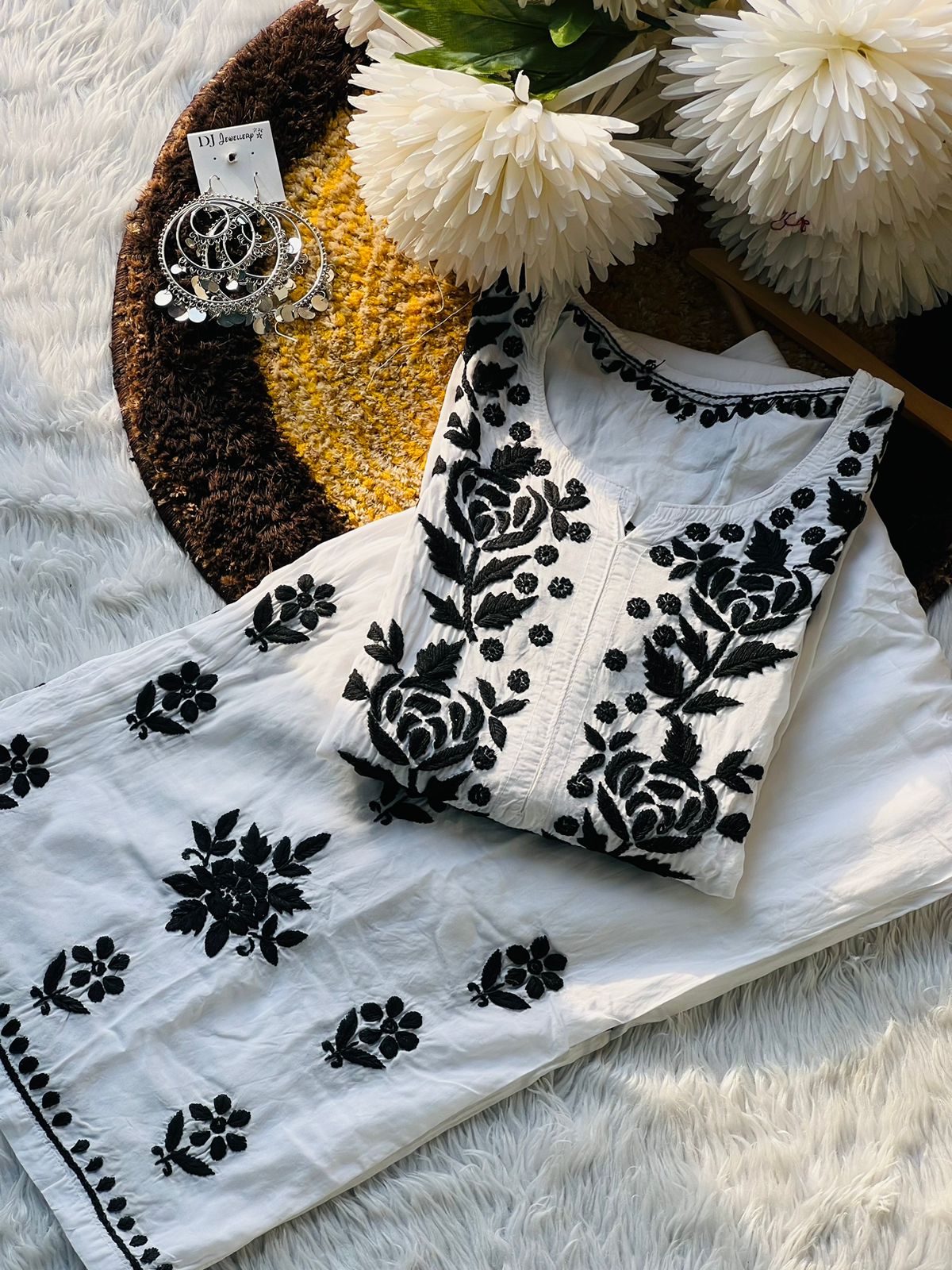 WHITE MODAL SET WITH BLACK AFGANI EMBROIDERY WITH FREE GIFT 💝INSIDE