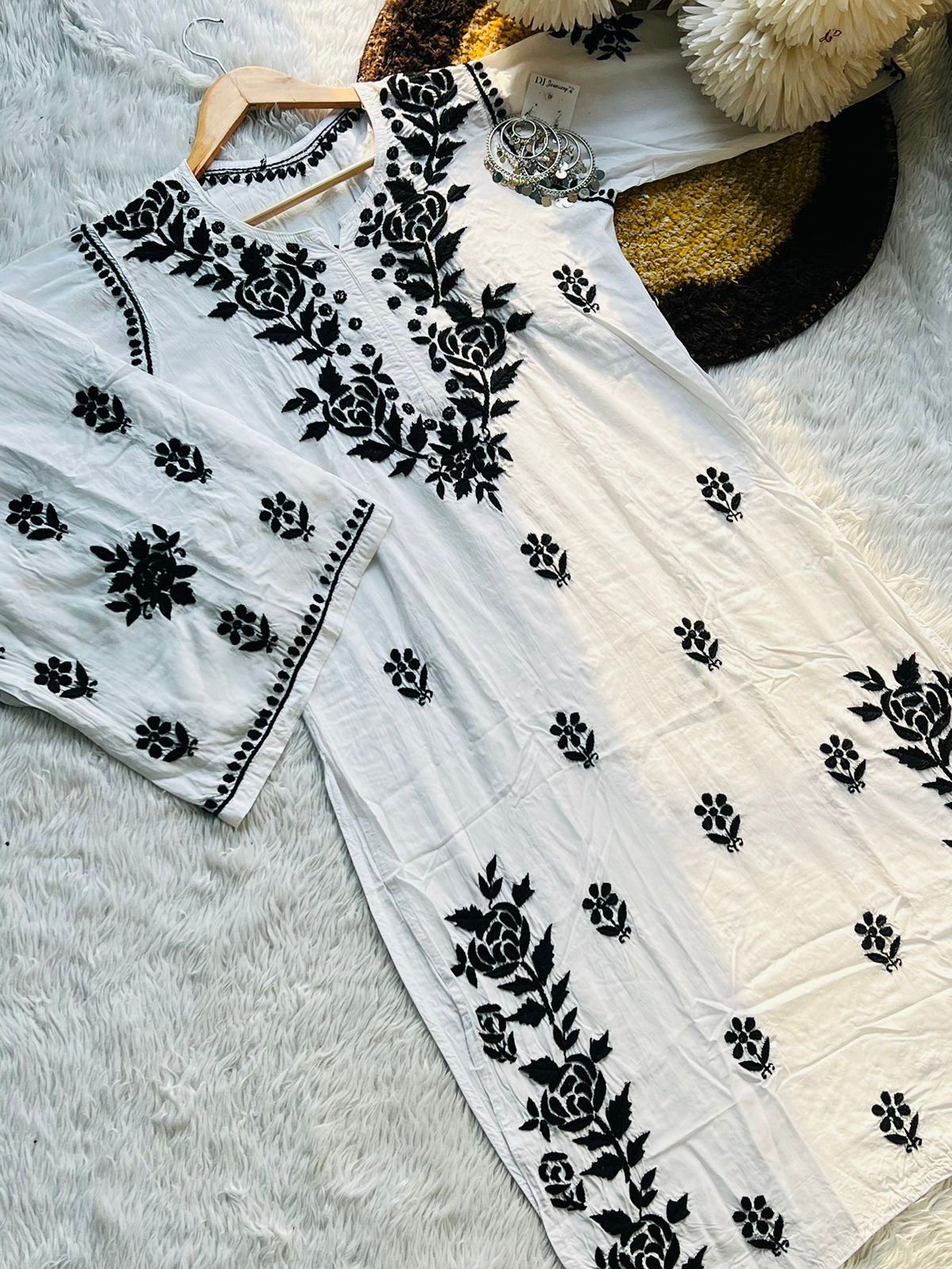 WHITE MODAL SET WITH BLACK AFGANI EMBROIDERY WITH FREE GIFT 💝INSIDE