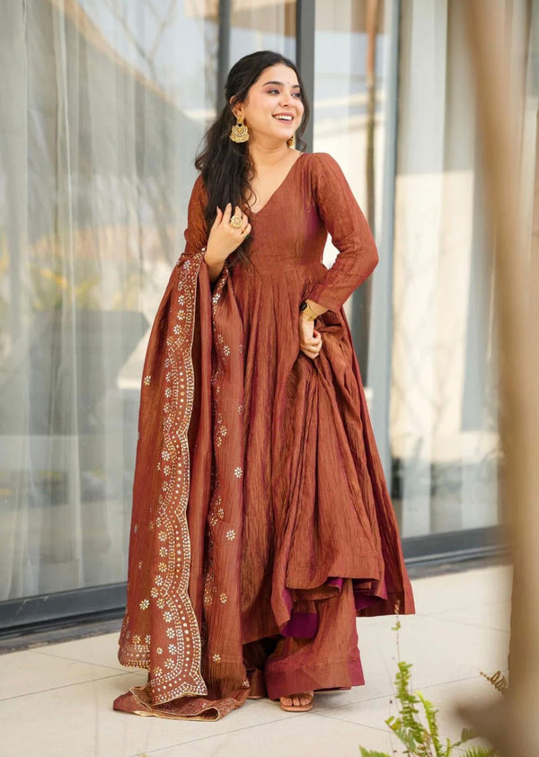 ELEGANT SILK GOWN SET WITH EMBROIDERY WORK