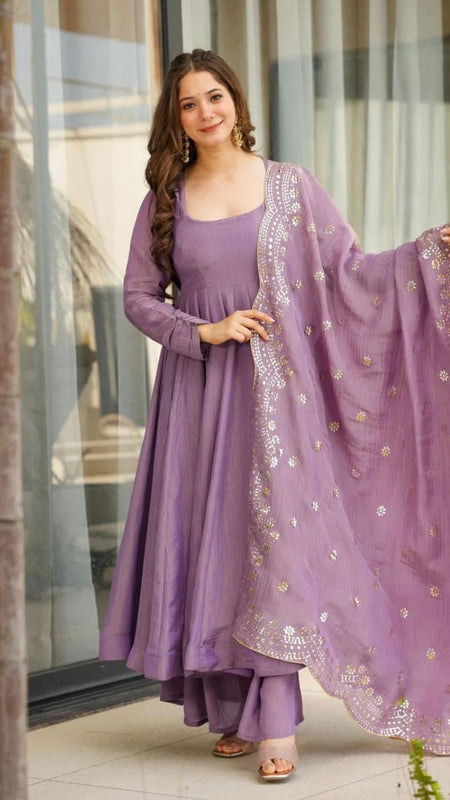 ELEGANT SILK GOWN SET WITH EMBROIDERY WORK