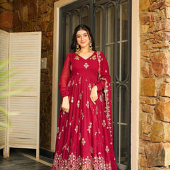 RED GEORGETTE GOWN SET WITH GOLDEN WORK