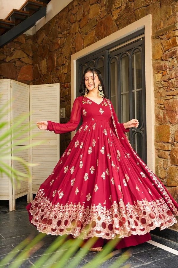 RED GEORGETTE GOWN SET WITH GOLDEN WORK