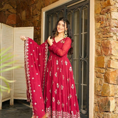 RED GEORGETTE GOWN SET WITH GOLDEN WORK