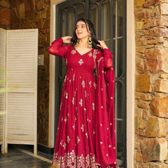 RED GEORGETTE GOWN SET WITH GOLDEN WORK