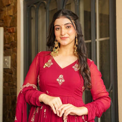 RED GEORGETTE GOWN SET WITH GOLDEN WORK
