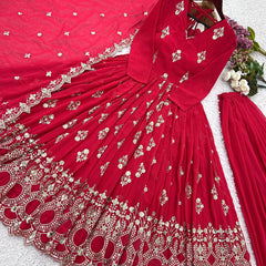 RED GEORGETTE GOWN SET WITH GOLDEN WORK