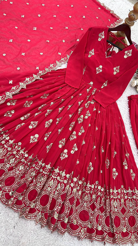RED GEORGETTE GOWN SET WITH GOLDEN WORK