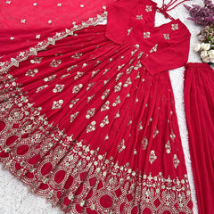 RED GEORGETTE GOWN SET WITH GOLDEN WORK