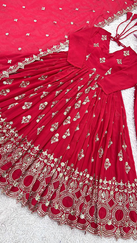 RED GEORGETTE GOWN SET WITH GOLDEN WORK