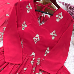 RED GEORGETTE GOWN SET WITH GOLDEN WORK