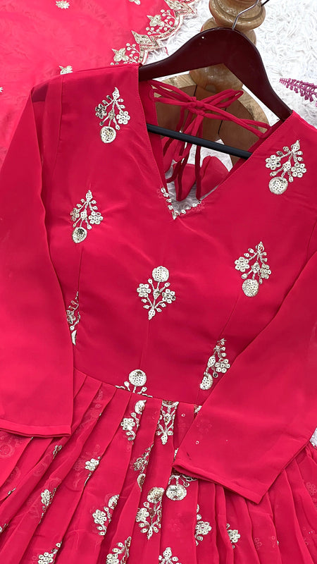 RED GEORGETTE GOWN SET WITH GOLDEN WORK