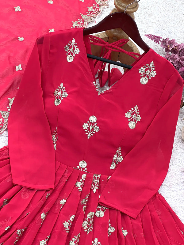 RED GEORGETTE GOWN SET WITH GOLDEN WORK