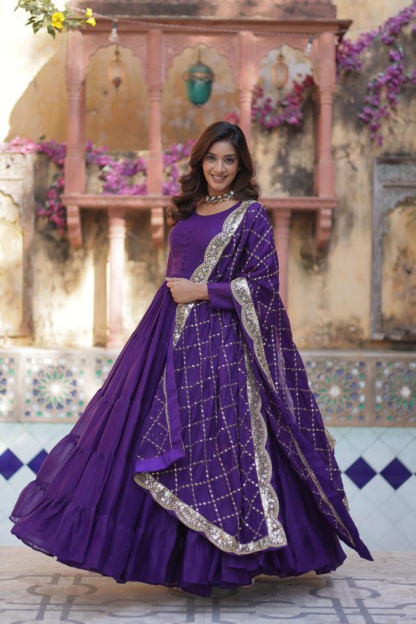  Desirable Women's Fully Flair Gown Made With Star Georgette Fabrics and Designer Embroidered Dupatta