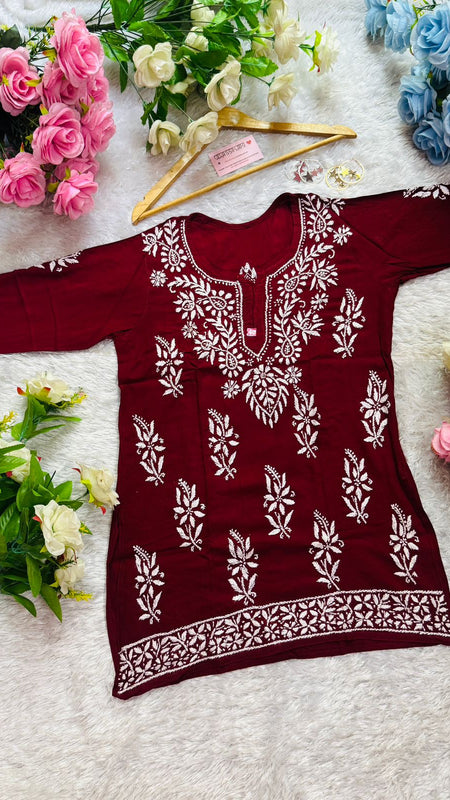 Short Handworked chikankari Rayon kurti /Rayon short