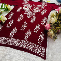 Short Handworked chikankari Rayon kurti /Rayon short