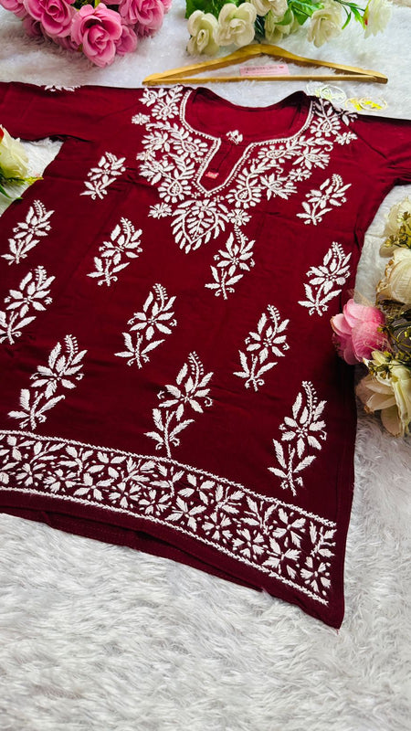 Short Handworked chikankari Rayon kurti /Rayon short