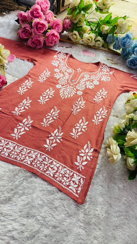 Short Handworked chikankari Rayon kurti /Rayon short