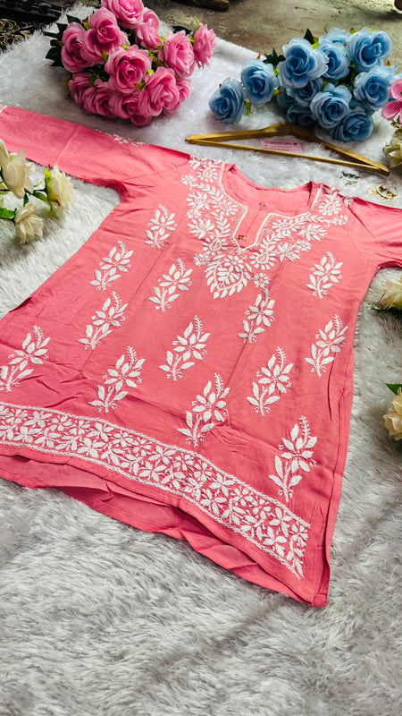 Short Handworked chikankari Rayon kurti /Rayon short