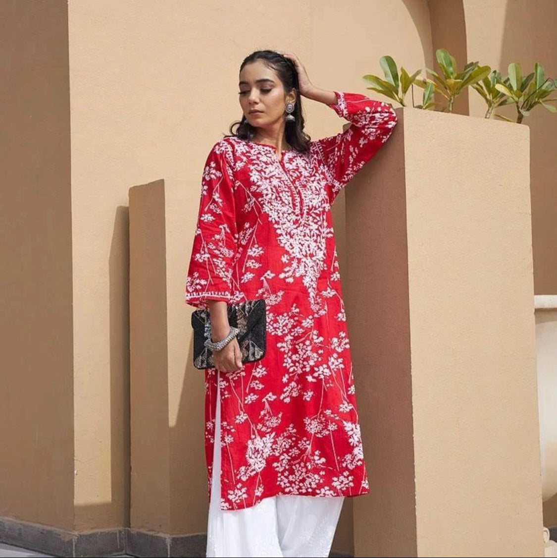 Printed hand-embroidered malmal Kurti with Lycra pant /Malmal fussion set