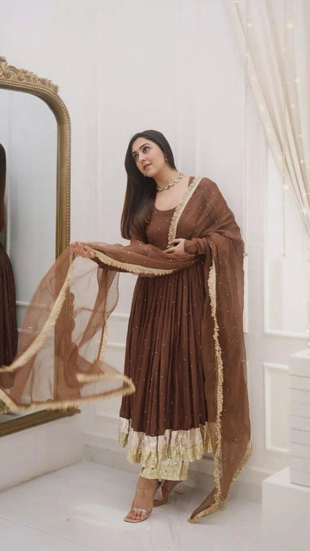 NAAZI BROWN MOTI WORK SET WITH DUPATTA WITH LACEWORK