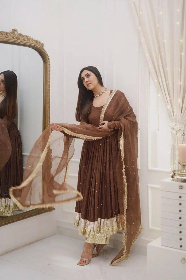 NAAZI BROWN MOTI WORK SET WITH DUPATTA WITH LACEWORK