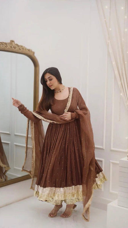 NAAZI BROWN MOTI WORK SET WITH DUPATTA WITH LACEWORK