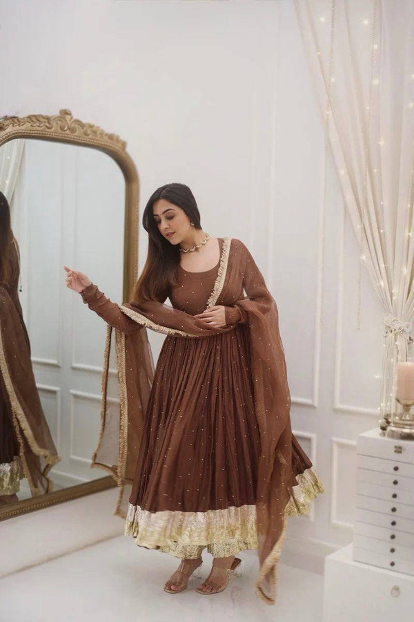 NAAZI BROWN MOTI WORK SET WITH DUPATTA WITH LACEWORK