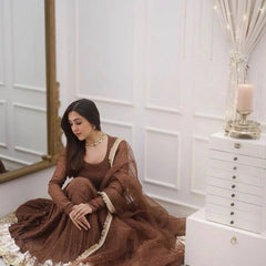 NAAZI BROWN MOTI WORK SET WITH DUPATTA WITH LACEWORK