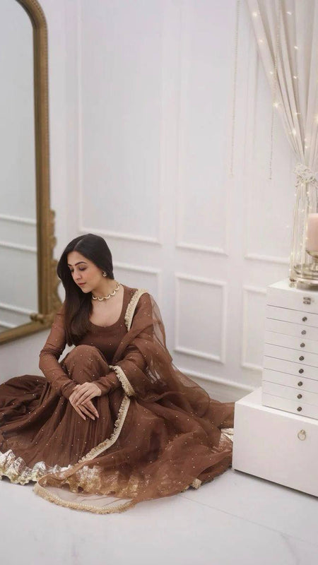 NAAZI BROWN MOTI WORK SET WITH DUPATTA WITH LACEWORK