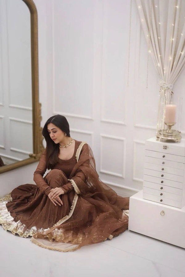 NAAZI BROWN MOTI WORK SET WITH DUPATTA WITH LACEWORK