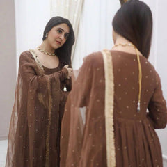 NAAZI BROWN MOTI WORK SET WITH DUPATTA WITH LACEWORK