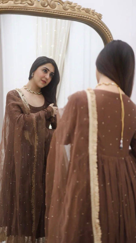 NAAZI BROWN MOTI WORK SET WITH DUPATTA WITH LACEWORK