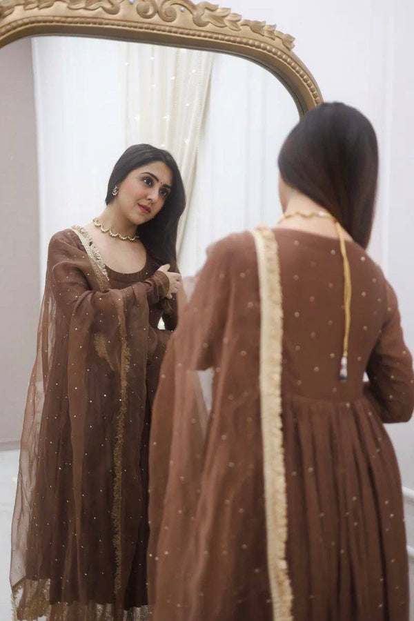 NAAZI BROWN MOTI WORK SET WITH DUPATTA WITH LACEWORK