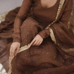 NAAZI BROWN MOTI WORK SET WITH DUPATTA WITH LACEWORK