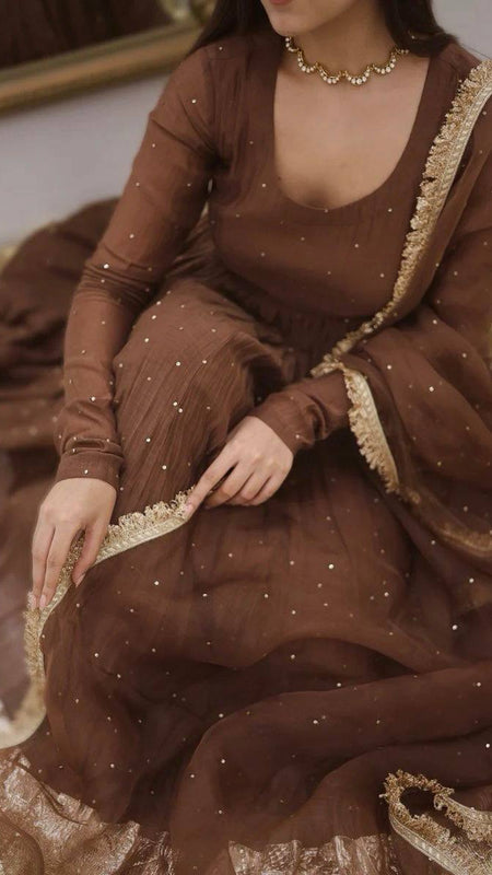 NAAZI BROWN MOTI WORK SET WITH DUPATTA WITH LACEWORK