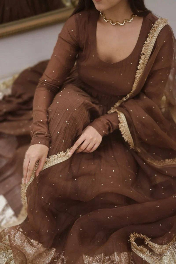NAAZI BROWN MOTI WORK SET WITH DUPATTA WITH LACEWORK