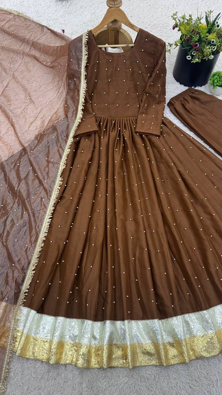 NAAZI BROWN MOTI WORK SET WITH DUPATTA WITH LACEWORK