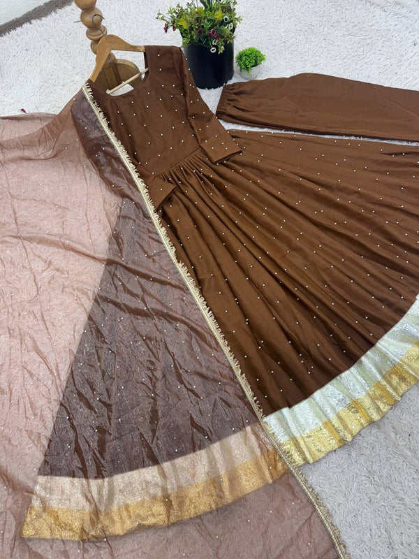 NAAZI BROWN MOTI WORK SET WITH DUPATTA WITH LACEWORK