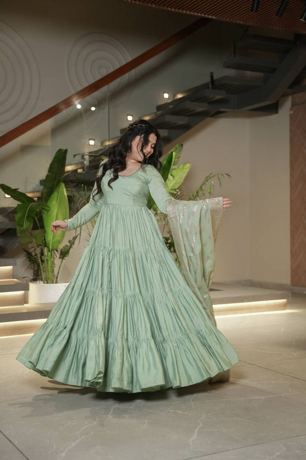 PURE ROMANSILK CHANDERI FABRIC FULLY FLAIR ANARKALI,WITH DUPPTA SET