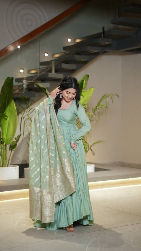 PURE ROMANSILK CHANDERI FABRIC FULLY FLAIR ANARKALI,WITH DUPPTA SET
