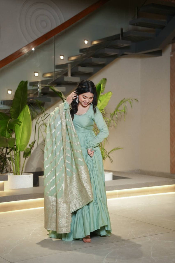 PURE ROMANSILK CHANDERI FABRIC FULLY FLAIR ANARKALI,WITH DUPPTA SET