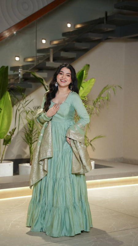PURE ROMANSILK CHANDERI FABRIC FULLY FLAIR ANARKALI,WITH DUPPTA SET