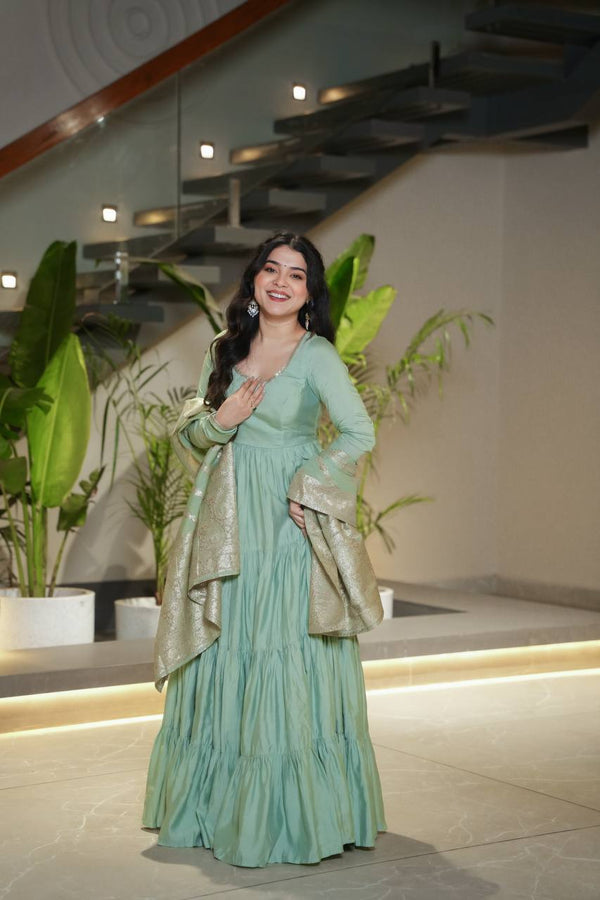 PURE ROMANSILK CHANDERI FABRIC FULLY FLAIR ANARKALI,WITH DUPPTA SET