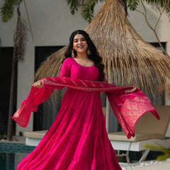 PURE ROMANSILK CHANDERI FABRIC FULLY FLAIR ANARKALI,WITH DUPPTA SET