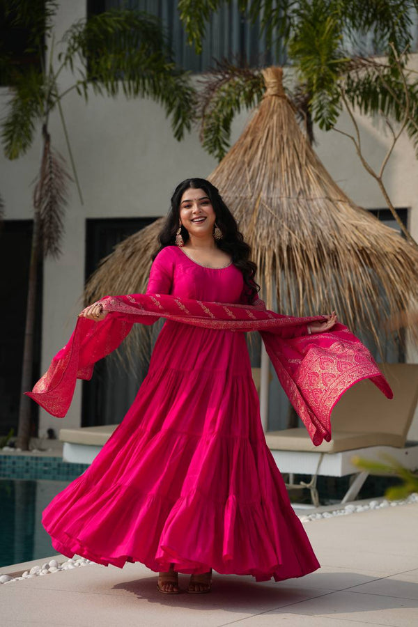 PURE ROMANSILK CHANDERI FABRIC FULLY FLAIR ANARKALI,WITH DUPPTA SET