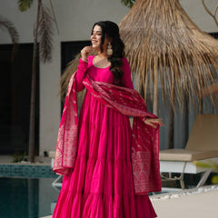 PURE ROMANSILK CHANDERI FABRIC FULLY FLAIR ANARKALI,WITH DUPPTA SET