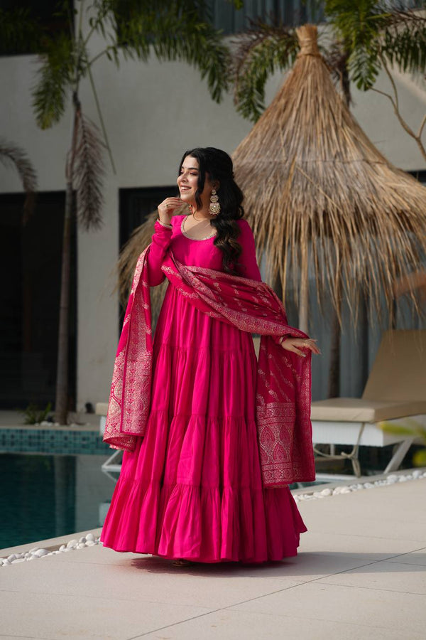 PURE ROMANSILK CHANDERI FABRIC FULLY FLAIR ANARKALI,WITH DUPPTA SET